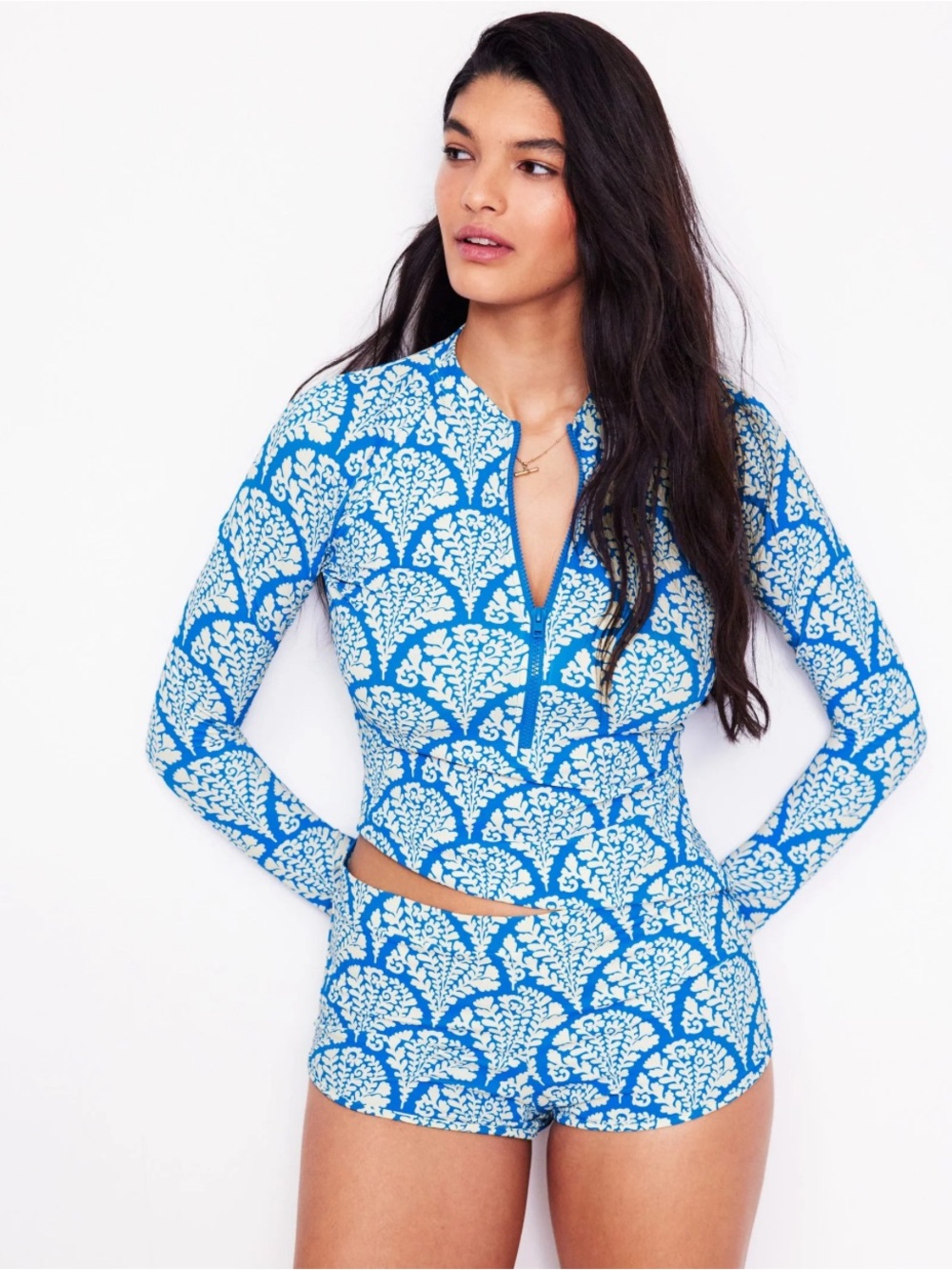NWOT Boden Set Sun Safe Raglan Rash Guard & Swim Shorts Blue Blossomy Size 8